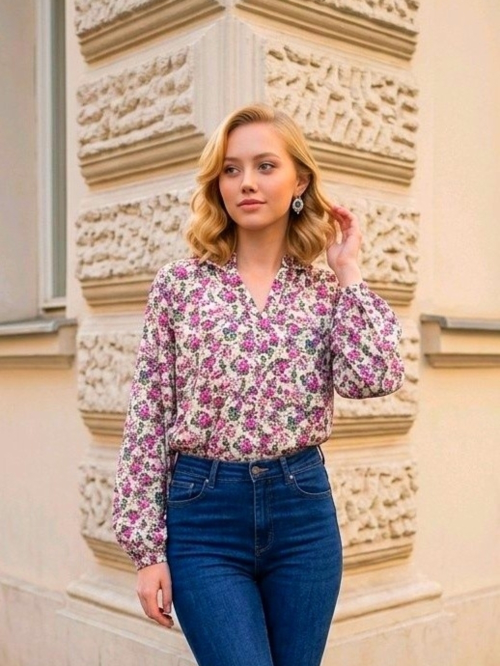 FRNCH Paris Floral Ruffle Neck Balloon Sleeve Blouse White Pink M